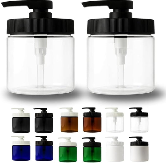 Royal Massage 16oz Refillable Pump Jar with Locking Dip Tube Dispenser – BPA-Free Plastic Container for Massage Oils, Lotions, Creams – Ribbed Lid Wide-Mouth Jar – Durable & Reusable (Clear/Black, 2)