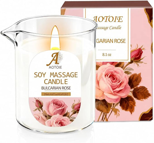 Massage Oil Candle 8.1 OZ for Massage Therapy and Skin Moisturizing,Natural Body Safe Soybeans Massage Oil Candles,Rose Scented Candles for Couples, Romantic Gift Scented Candles for Home SPA