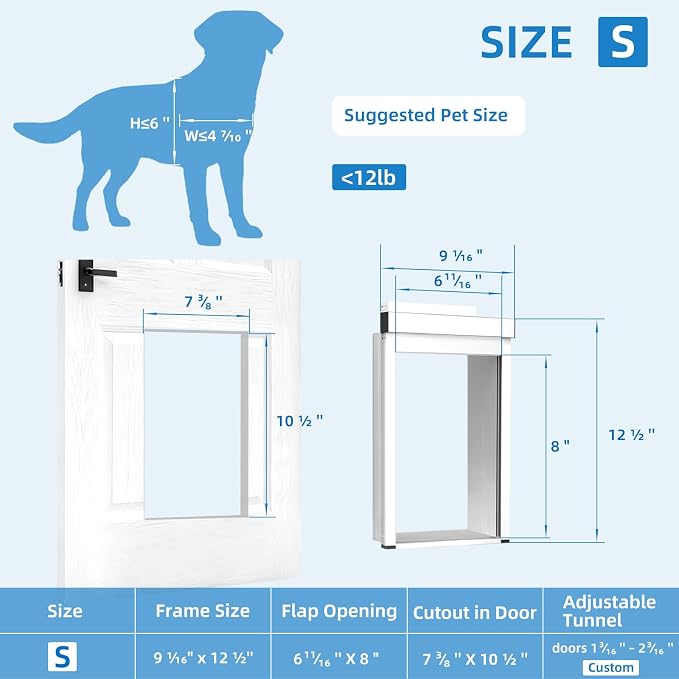 Automatic Dog Door with Doorbell Activation, 2-Flap Electronic Smart Pet Door with Anti-Pinch, No Collar Needed, Aluminum Lockable Weatherproof Telescoping Tunnel for Pets (Small, Door Mount) | No Collar Needed,Electronic Pet Door with Anti-Pinch, Alum...