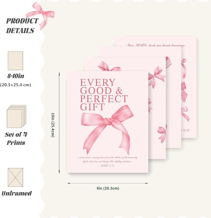 LARTSFRO Coquette Pink Bow Wall Art Decor Posters, Pink Bow Christian Room Bedroom Bathroom Dorm Wall Art Decor for College Teen Girls Kids Gifts, Inspirational Bible Verses Bow Wall Decor, 10x8 Inch Set of 4 Pcs Bow Pictures (UNFRAMED)