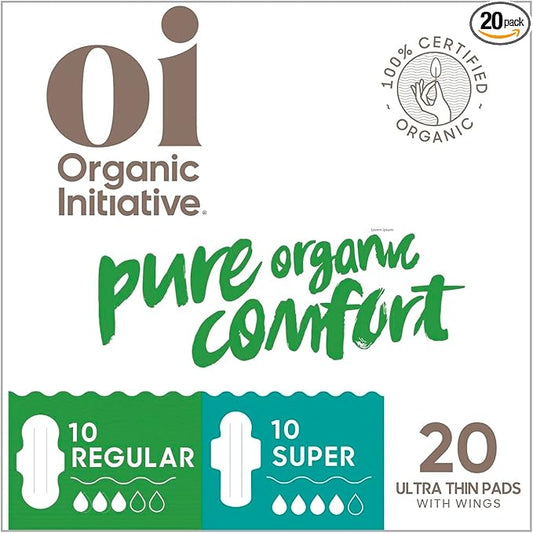 Oi | Organic Initiative - Ultra-Thin Pads with Wings | 100% Certified Organic Cotton, Unscented | Leak Free, Biodegradable | Non-GMO, Toxin Free (Regular/Super, 20, Count)
