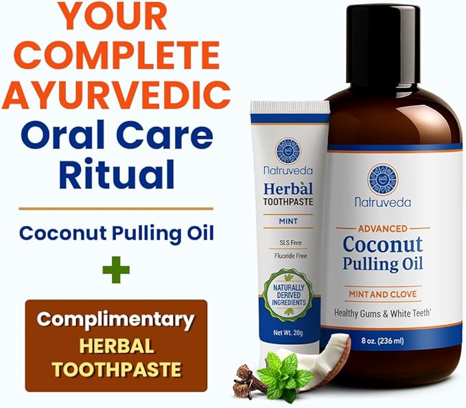 Natruveda Coconut Oil Pulling Mouthwash – 8 oz, Virgin Clove & Mint Blend, Ayurvedic Oral Rinse for Teeth Whitening, Natural Mouthwash for Gums, Gentle Pulling Oil for Daily Use