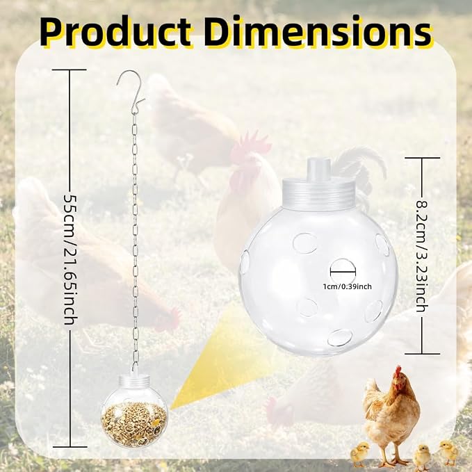 2pcs Chicken Treat Dispenser Toy,Interactive Slow Feeder Hanging Ball with Chain,Chicken Pecking Foraging Enrichment Toy, Coop Accessories for Hens Poultry Duck Birds Parrots (1)