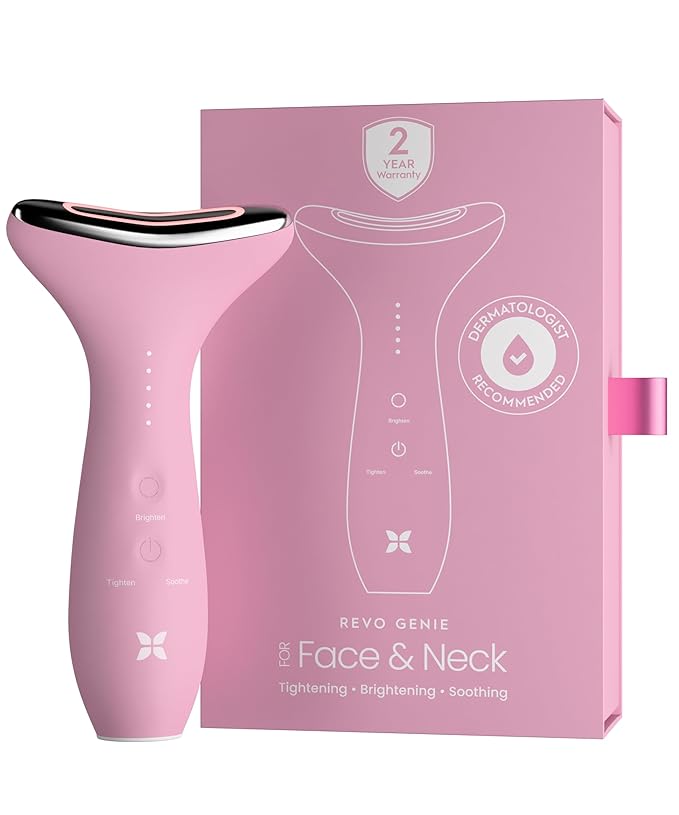 REVO Genie | 3-in-1 Face & Neck Beauty Massager with Heat, 3 Light Therapies, Smart Vibration | Red Light, Blue Light, Green Light Therapy for Smooth Glowing Skin - Pink Pearl