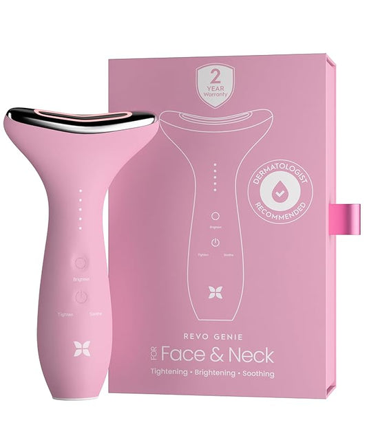 REVO Genie | 3-in-1 Face & Neck Beauty Massager with Heat, 3 Light Therapies, Smart Vibration | Red Light, Blue Light, Green Light Therapy for Smooth Glowing Skin - Pink Pearl
