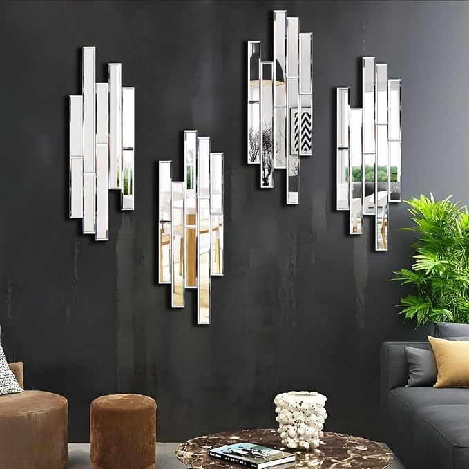 Artisan Set of 4 Silver Beveled Wall Decor Mirrors - 24x8 Inch Each, Creative Combination Design for Modern & Farmhouse Home Decor, Shatter-Resistant Glass with Wood Backing