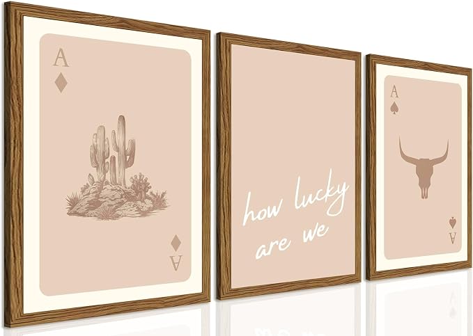Western Wall Art Set of 3, Vintage Southwestern Cowboy Playing Card Wall Decor Painting, Longhorn Bull Skull and How Lucky Are We Canvas Prints Artwork for Bedroom Living Room 16x24 inch Wood Framed