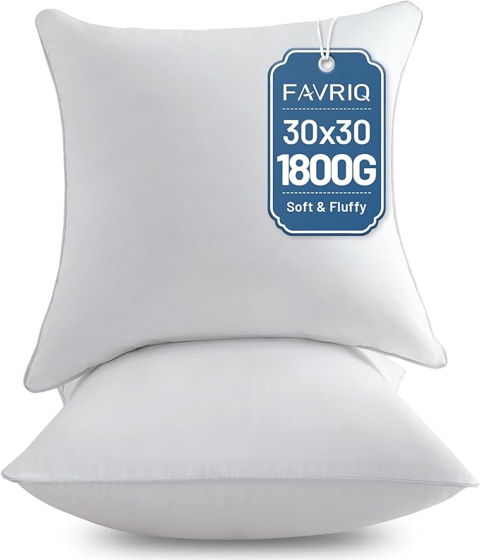 FAVRIQ 30 x 30 Pillow Inserts - Firm and Fluffy Decorative Square Sofa Throw Pillow with 100% Cotton Cover - Down Alternative Pack of 2