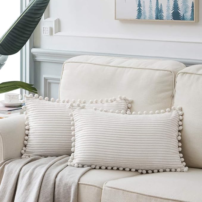 Fancy Homi 2 packs Cream White Boho Decorative Throw Pillow Covers with Pom-poms, Soft Corduroy Solid Square Cushion Cases Set for Living Room Couch Sofa Bedroom Car (14x24 Inch/35x60 cm, Cream White)