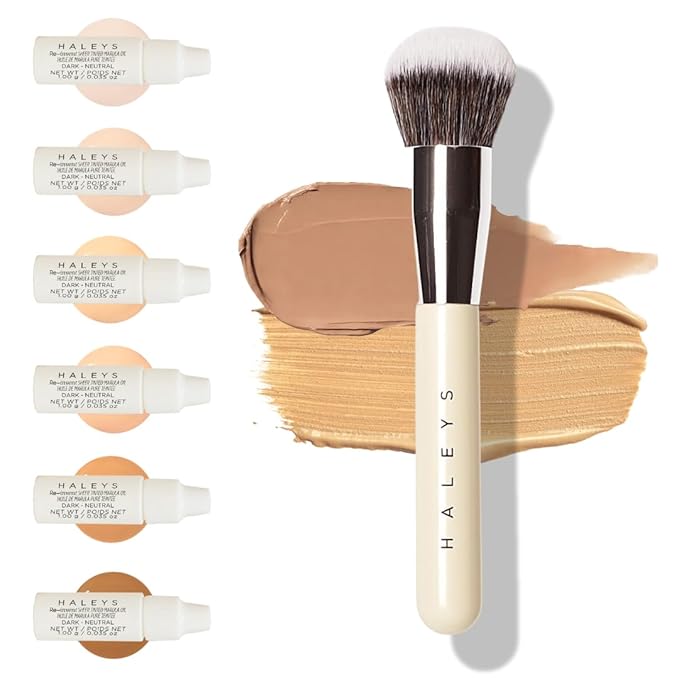 HALEYS Kabuki Makeup Brush + 6 Mini Skin Tint Foundations – Vegan Blending Brush for Liquid, Cream & Powder, Flawless Airbrushed Base Kit for Travel and Gifting