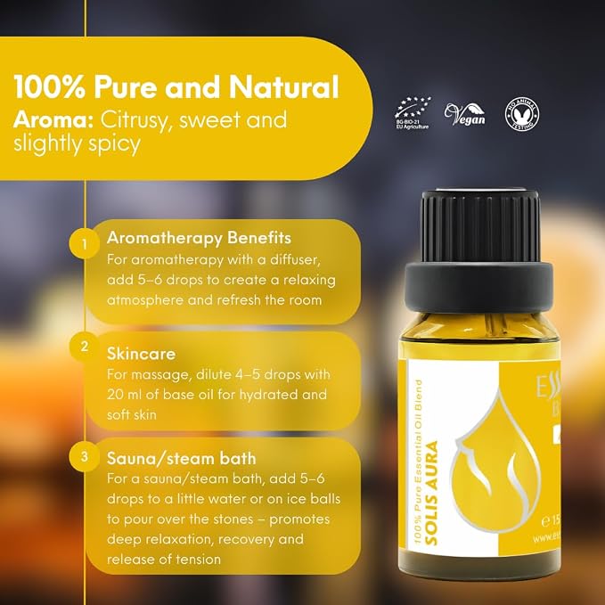 Essences Bulgaria Solis Aura Organic Essential Oil Blend 0.51 Fl Oz | 15ml | Orange, Lemon, Lime, Cinnamon | Aromatherapy, Sauna & SPA | 100% Pure & Natural | Undiluted