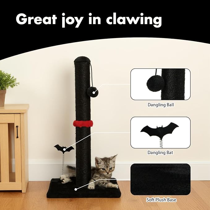 MECOOL Cat Scratching Post Premium Sisal Scratch Posts with Hanging Ball Vertical Scratcher for Indoor Cats and Kittens,Black