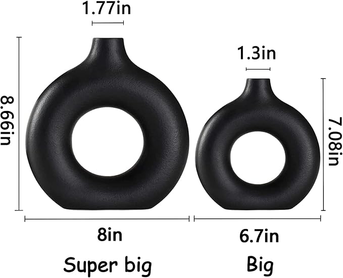 Ceramic Vases Set of 2, Modern Black Round Vase Rustic Home Decor, Donut Ceramic Design Apply to Living Room Kitchen Mantle Bedroom Dining Table Office Black Decor