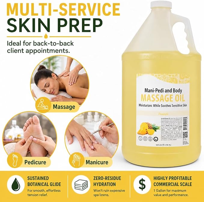 SPA REDI Pineapple Massage Oil – 5-Botanical Blend with Almond, Avocado & Vitamin E | Professional Spa & At-Home Full Body Use | Cruelty-Free, Sulfate-Free, Silicone-Free, Zero-Residue | 128 oz
