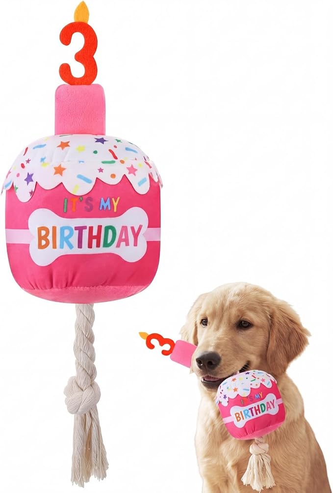 Dansydaisy Dog Birthday Cake Toy Squeaky Plush Gift,3rd,Rose Pink