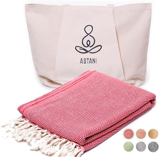 ATANI 69x35 in Oversized Turkish Beach Towel Set with Tote Bag – Quick-Dry 100% Turkish Cotton Peshtemal, Sand-Resistant, Lightweight for Shower, Travel, Pool, Yoga (Red)
