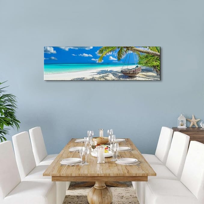 Nature Coastal Scenery Wall Art Tropical Ocean Wall Decor Seascape Coconut Trees on Sands Beach Canvas Picture Photo Nautical Bathroom Painting Blue Sea Coastline Poster Artwork Decorations 14x48”