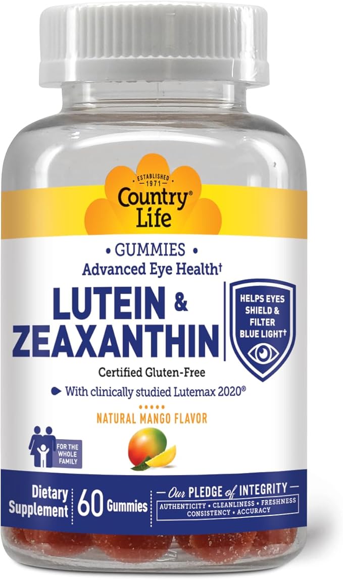 Country Life Lutein Gummies with Lutemax 2020, 60 Ct, Chewable Natural Eye Support Supplement, Marigold Lutein, Zeaxanthin, Eye Health & Macular Support, Non-GMO, Natural Fruit Pectin, Vegan