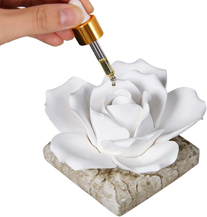 Ceramic Passive Essential Oil Diffuser, Aesthetic Desktop Handmade Flower & Concrete Base, Porcelain Aromatherapy Oils Diffuser for Home, Office, Yoga, Spa Room (White Rose)