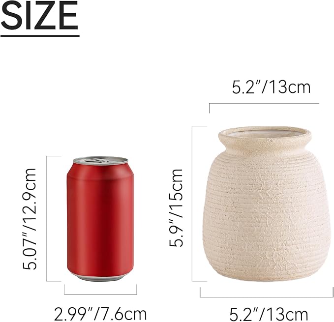 Ceramic Flower Vase, Small Rustic Farmhouse Vases Home Decor, Short Pottery Decorative Pampas Vase for Table Living Room Entryway Mantel Bookshelf Bedroom Bathroom Kitchen - 6" W