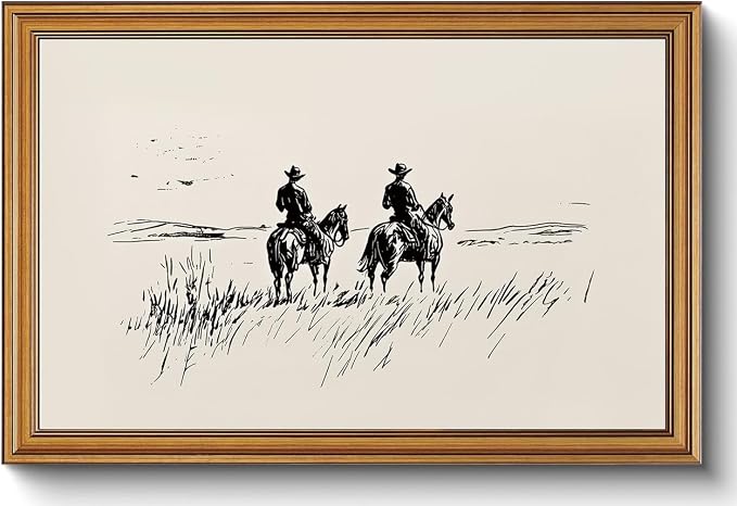 Western Cowboy Gold Framed Wall Art Minimalist Sketch Wall Decor Art | Vintage Horse Landscape Pictures Canvas Art Modern Southwest Framed Prints Artwork For Bedroom Bathroom Living Room