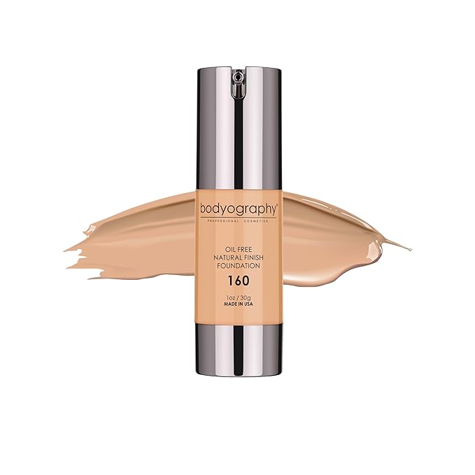 Bodyography Natural Finish Foundation (Medium/Neutral #160) | Oil-Free, Anti-Aging Salon Foundation with Vitamin E & C | Photo-Ready, Skin-Perfecting Coverage | Vegan, Gluten-Free, Paraben-Free