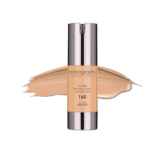 Bodyography Natural Finish Foundation (Medium/Neutral #160) | Oil-Free, Anti-Aging Salon Foundation with Vitamin E & C | Photo-Ready, Skin-Perfecting Coverage | Vegan, Gluten-Free, Paraben-Free