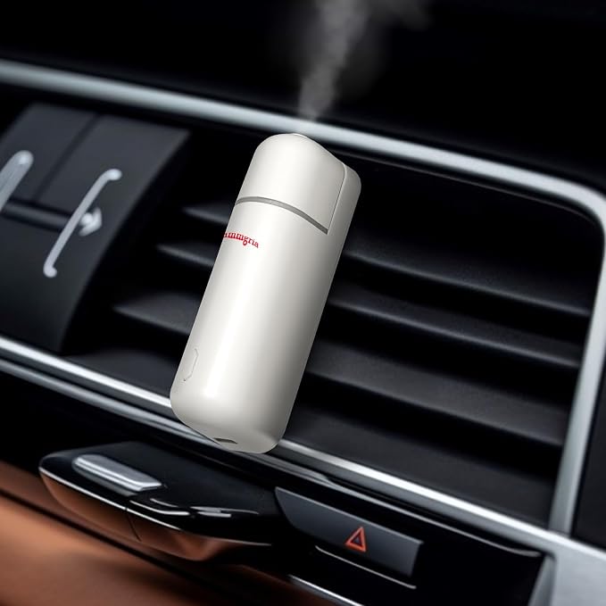 Car Diffuser, Motion Sensor Waterless Essential Oil Diffuser for Car USB Rechargeable with 6 Refill Scents（Hilton/Sandwood/WhiteTea/Diamond/GreenBamboo/Pachuli