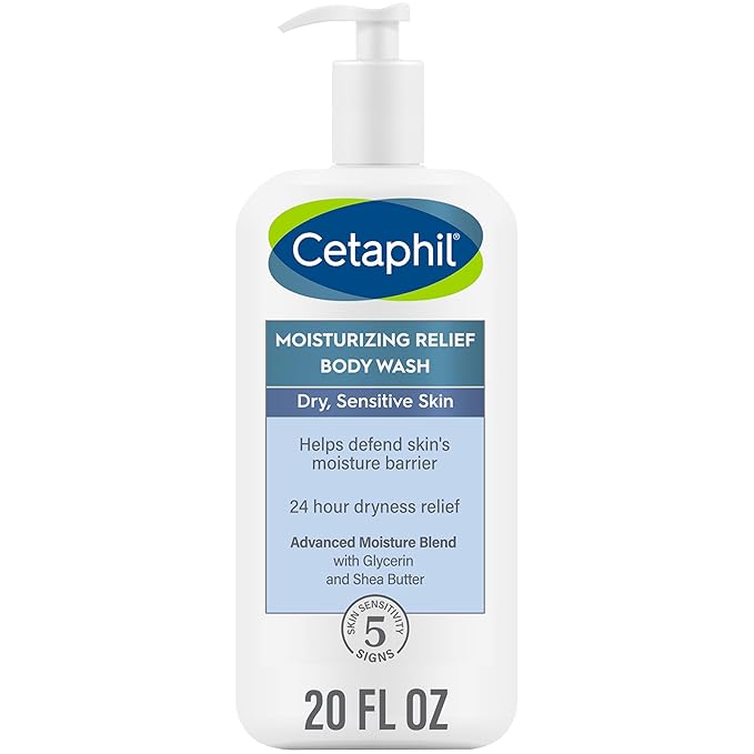 Cetaphil Body Wash, Moisturizing Relief Body Wash for Sensitive Skin, Creamy Rich Formula Gently Cleanses and Gives 24 Hour Relief to Dry Skin, Hypoallergenic, Fragrance Free, 20 oz