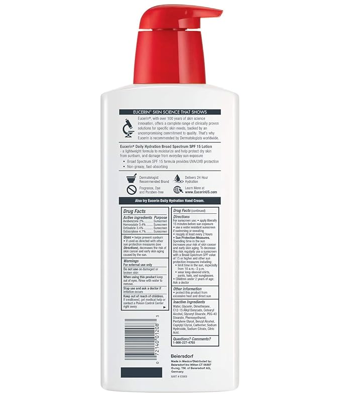 Eucerin Daily Hydration Lotion with SPF 15 - Broad Spectrum Body Lotion for Dry Skin - 16.9 fl. Oz. Pump Bottle (Pack of 3)