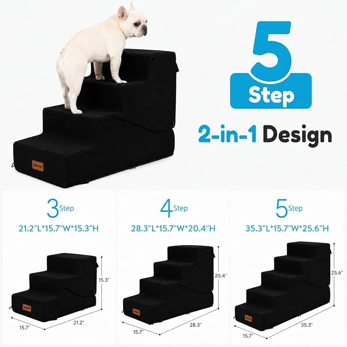 5-Step Dog Stairs and Ramp for Small Dogs and Cats, Pet Steps for High Bed with Non-Slip Bottom, Black