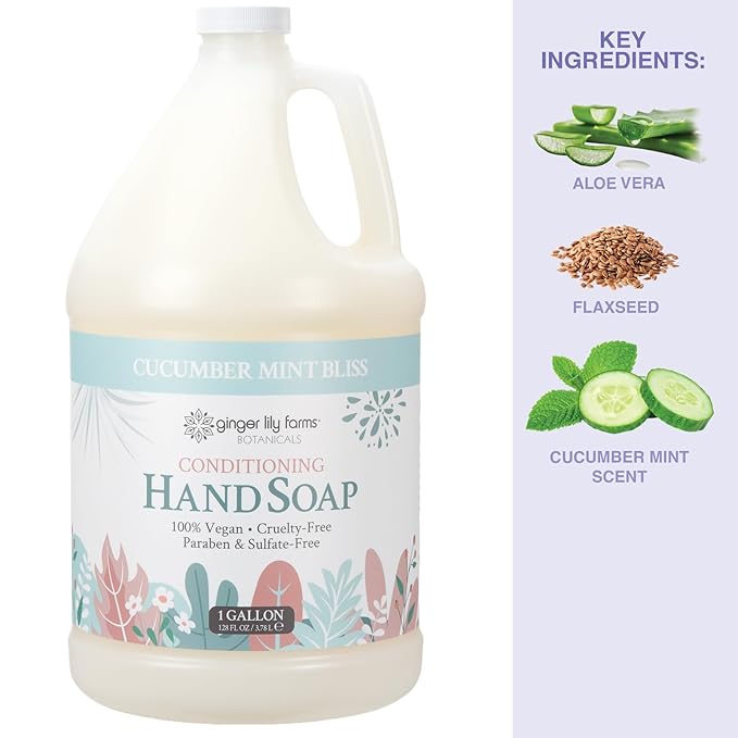 Ginger Lily Farms Botanicals Conditioning Liquid Hand Soap Refill, 100% Vegan & Cruelty-Free, Cucumber Mint Bliss Scent, 1 Gallon (128 fl oz)