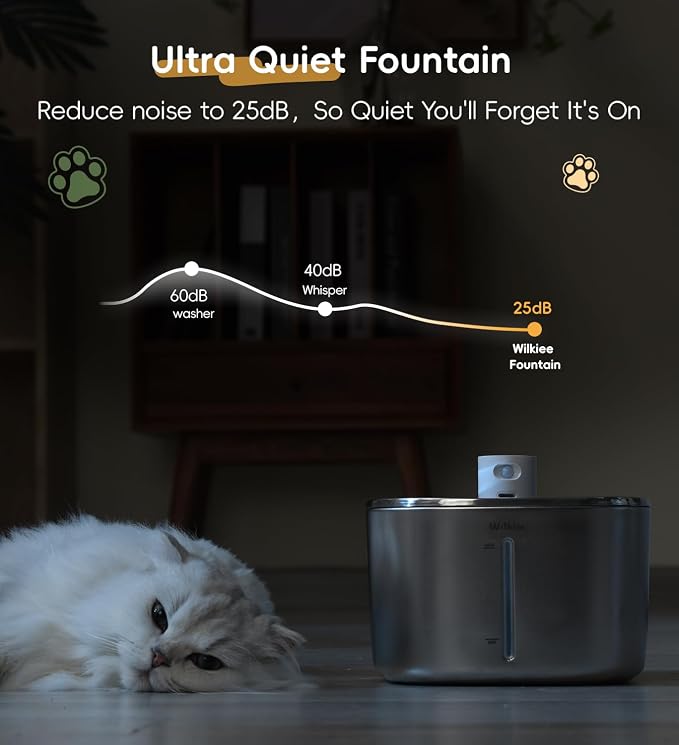 Cat Water Fountain Stainless Steel, 138fl.oz / 4.1L Cordless Cat Fountain | Wireless Pet Fountain; 4000mAh Battery; Indoor; Triple Water Modes; 25 dB Ultra-Quiet