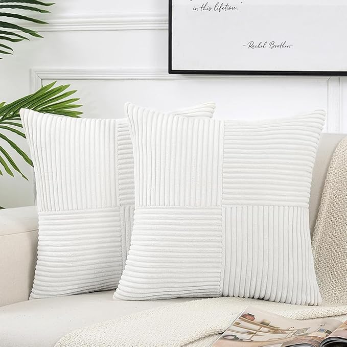 Fancy Homi Pure White Decorative Throw Pillow Covers 22x22 Inch for Living Room Couch Bed, Rustic Farmhouse Boho Home Decor, Soft Corss Corduroy Patchwork Accent Square Cushion Case 55x55 cm
