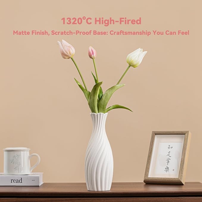 White Ceramic Vase with Swirl Texture - 10" Unique Flower Vase for Pampas Grass & Centerpieces, Decorative Boho/Farmhouse Vase for Living Room, Office Desk & Housewarming Gift (for Her/Yourself)