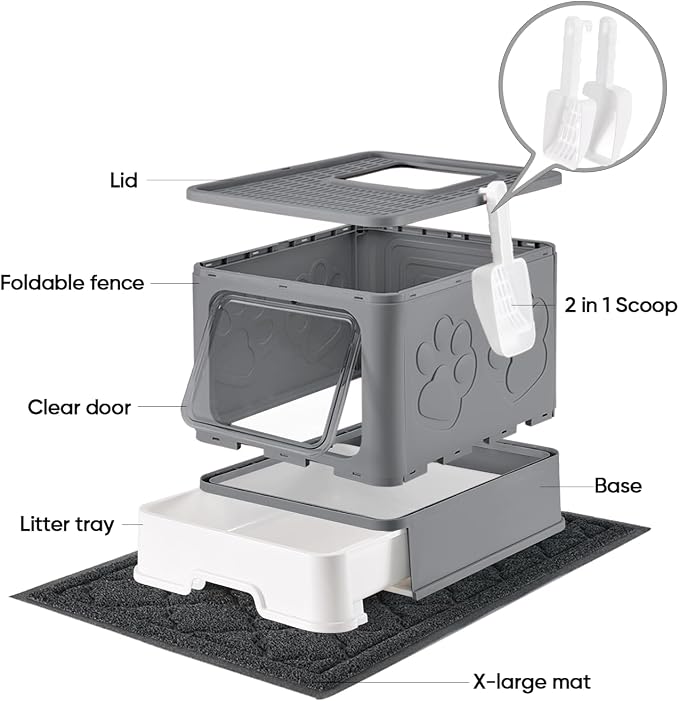 Medario Cat Litter Box with X-Large Litter Mat and Scoop(Upgrade Dark Grey) | Large Covered Litter Box with Lid, Enclosed Kitty Box,Front Top Entry Exit, Odor Control Easy to Clean