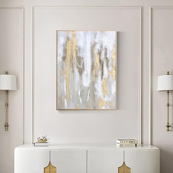 Zessonic Large Gold Abstract 3D Textured Hand-painted Wall Art, 24"x32" | Framed Texture Paintings Modern Canvas Artwork with Hand-Painted Gold Foil for Living Room Bedroom Office, Ready to Hang