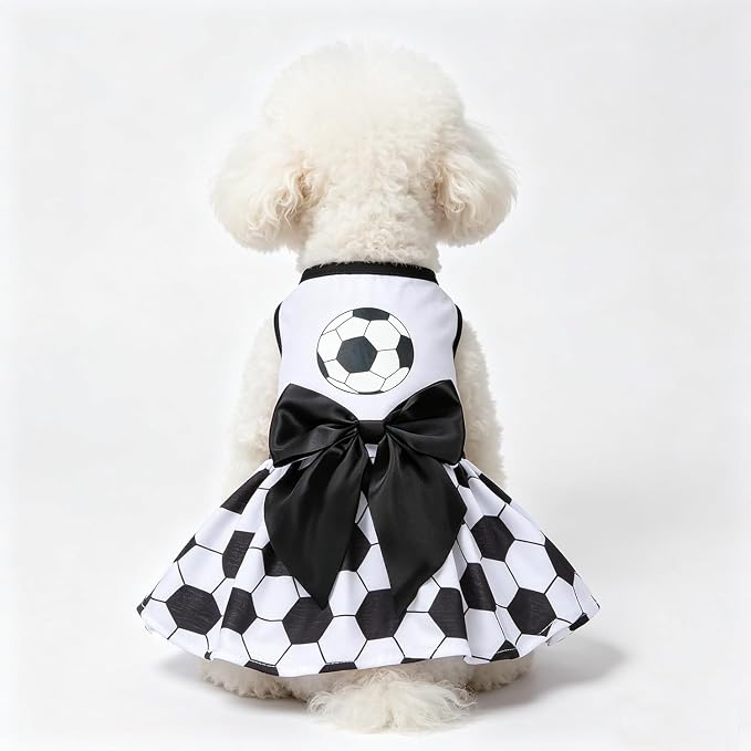 PUPTECK Soccer Ball Dog Dress with Bow, Cute Dog Skirt White and Black M | Breathable Soft Pet Clothes for Small Medium Dogs Cats, Puppy Outfits Apparel Costume for Game Day Celebration Holiday Party