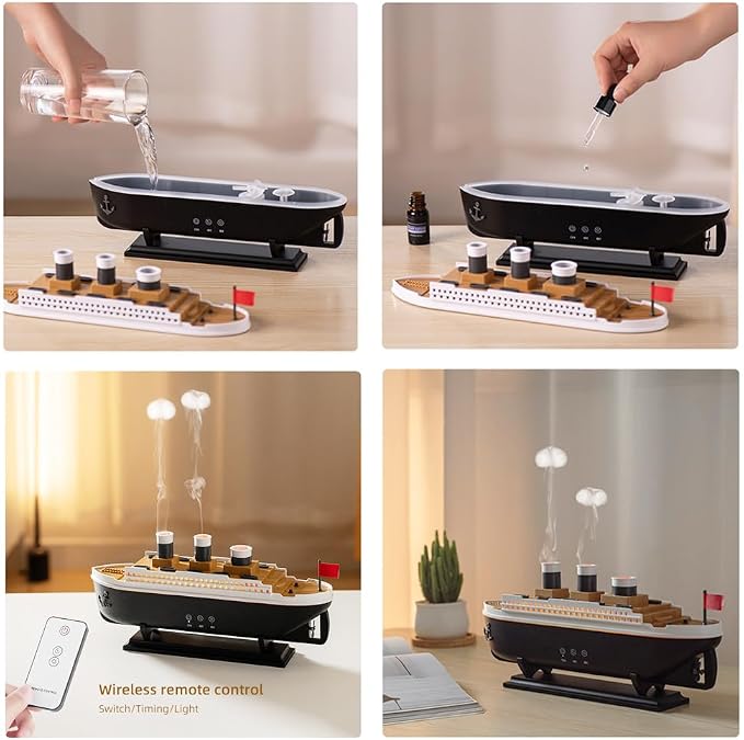 Essential Oil Diffuser, 250ml Ship Modelling Aromatherapy Ship Oil Diffuser Cool Mist Humidifier with Remote Control, Remote 2 Spray Mode Auto Shut-Off, 7 Color LED Light for Home Office(Black)