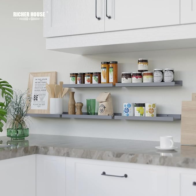 RICHER HOUSE 3-Set Floating Shelves with Lip, Grey Small Wall Shelf, 16In | Display Picture Ledge Shelf, Anti-drop lip Shelf for Room Wall Decor, Bedroom Bathroom Storage Nursery Books, Easy Setup,Wood