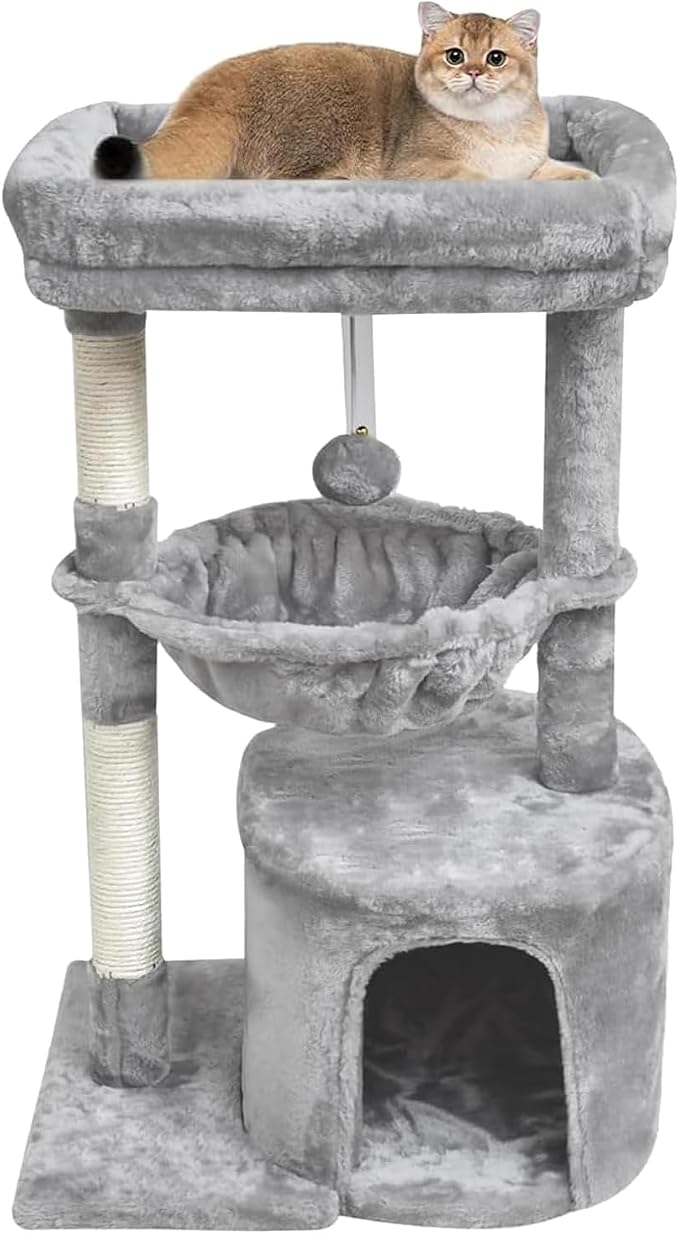 SYANDLVY Small Cat Tree for Indoor Cats, Activity Cat Tower with Scratching Post for Kittens, Modern Cat Furniture with Basket & Hanging Ball for Play Rest, Grey | Activity Cat Tower with Scratching Post, Basket & Hanging Ball for Play Rest, Grey
