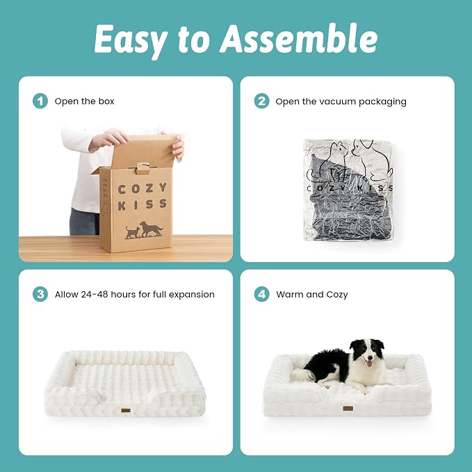 COZY KISS Faux Fur Orthopedic Dog Bed Washable for Large Dogs, L Sized | Soft Warm Pet Sofa with Sides or Bolster, Non-Slip and Big Dog Couch with Removable Waterproof Cover, 36x27 inch, Beige