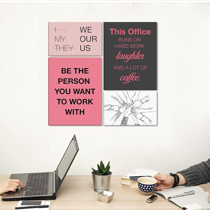 YEOION Motivational Office Wall Art,Inspirational Teamwork Wall Art for Office,Pink and Black Positive Teamwork Wall Decor for Women Set of 6