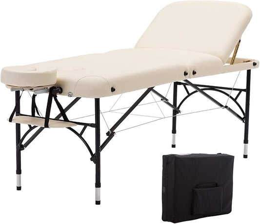 Artechworks 28" Width 3 Folding Portable Lightweight Massage Table Facial Salon Spa Tattoo Bed with Aluminium Leg for Home Office Living Room, White Color