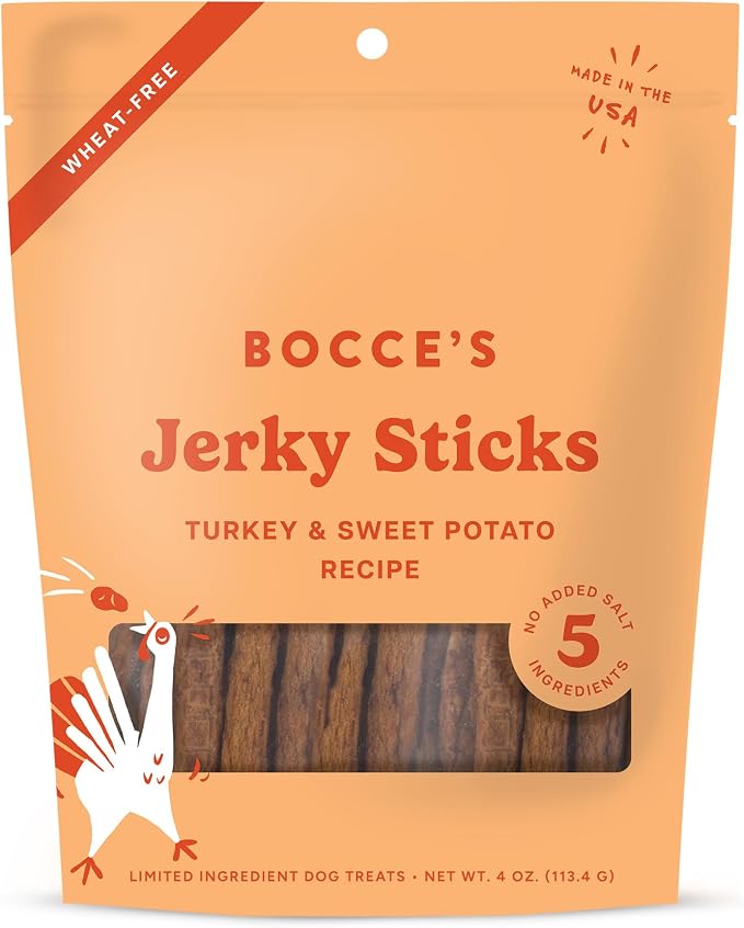 Bocce's Bakery Turkey & Sweet Potato Flavor Jerky Stick Dog Treats, 4 oz | High-Protein, Wheat-Free, Limited-Ingredient Treats with No Added Salt or Sugar - Baked in The USA