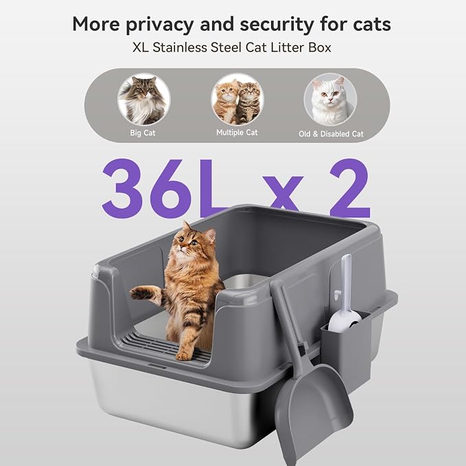 Stainless Steel Cat Litter Box, Free Metal Litter Box with High Sides Lid, Open Top Litter Pan Include Scoop