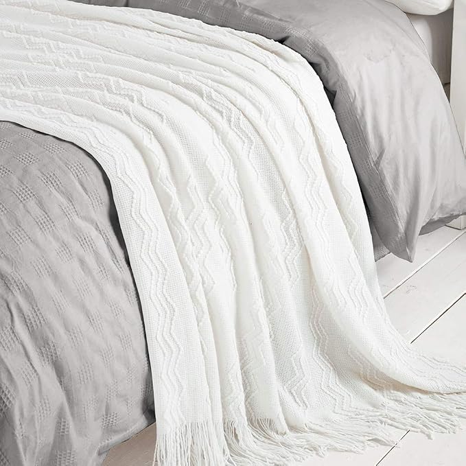 BOURINA Off White Throw Blanket 60x80Inch Boho Knit Soft Throw Sofa Blanket | Knitted Throw Blanket 60x80 Inches, Soft Lightweight Boho Weave Throw Decorative Couch Blanket for Living Room Bedroom Chair
