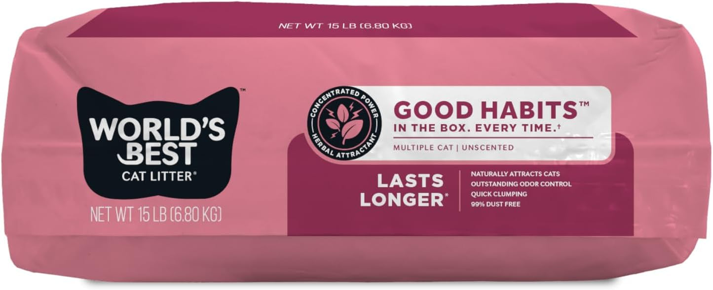 World's Best Cat Litter, Good Habits Cat Attract Litter, Unscented, 15 lb | Attracts cats and kittens with plant-based attractant; natural corn litter, quick clumping, flushable, 99% dust free formula