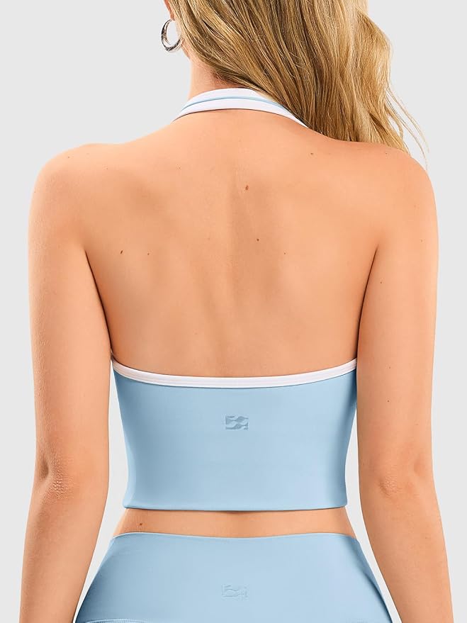 Halter Workout Top for Women: Open Back Sports Bra Color Block Tops with Built in Bra Yoga Gym Crop