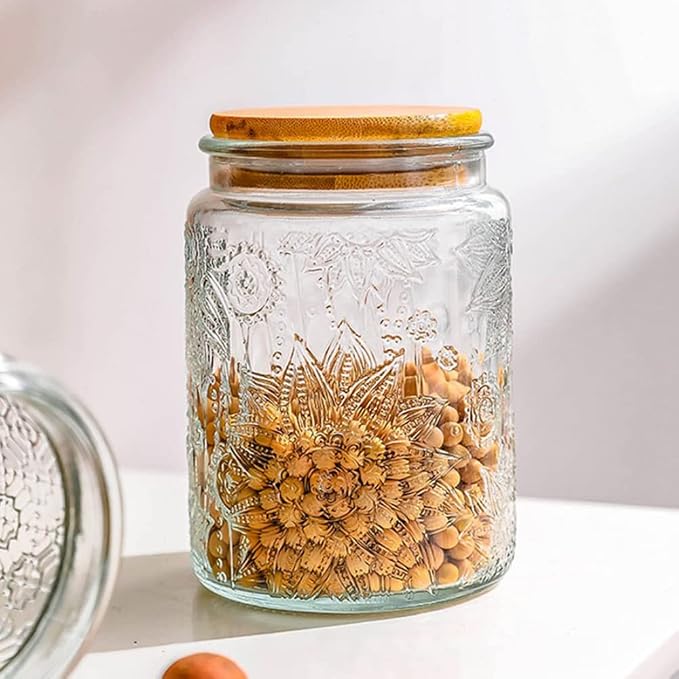 Set of 2 Vintage Glass Storage Jars, Candy Jars with Lids | Coffee Jars, Kitchen Canisters for Coffee Tea Sugar Candy Cookie, Decorative Mason Jars Cute Jars (25.3oz/23.7oz)